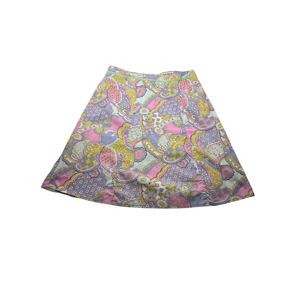 A.M.I. Vintage Paisley Print A-Line Skirt Pink Blue Green Cotton Blend Size 12